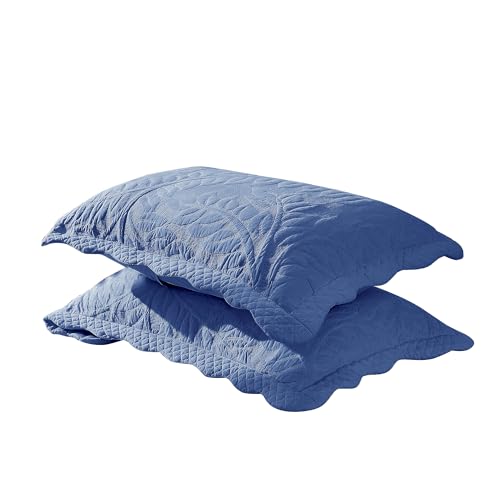 MarCielo 100% Cotton Embroidered Quilted Pillow Shams -Standard - Navy - 100% Cotton Comfort, Quilted Floral Texture, Durable Easy Care, Farmhouse Bedroom Decor for Adults, 2PCS