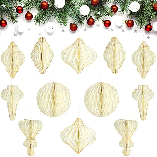 Nezyo 12 Pcs Christmas Honeycomb Balls 3D Paper Ornaments,White - Hanging Ornaments for Tree Ceiling, Assorted Ball Diamond Teardrop Shapes, Reusable for Holiday Winter Xmas Party Wonderland