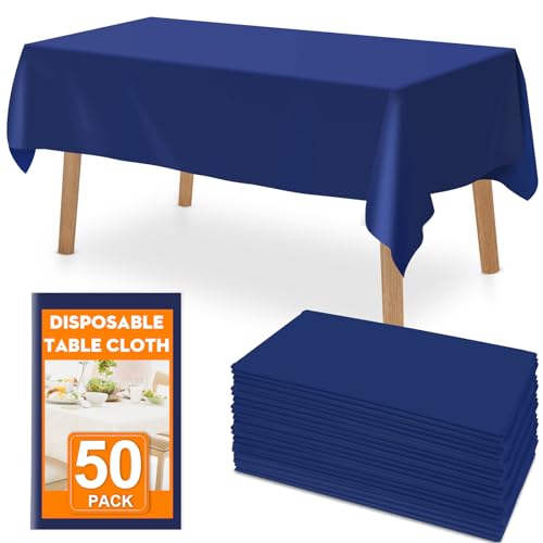 RowinsyDD 50 Pack Blue Plastic Table Cloths Disposable???54 x 108 Inches Plastic Table Cover for Rectangle Tables???Disposable Tablecloth for Dinning???Parties???BBQ???Wedding???Outdoor