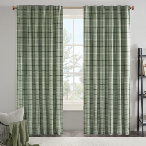 "Madison Park Anaheim Cabin Plaid Curtain Window, Thermal Insulated Fleece Lining, Living Room Decor Light Blocking Drape for Bedroom, 1-Single Panel Pack, 50"" x 95"" Faux Leather Tab, Green"