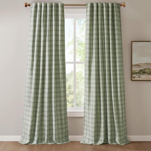 "Madison Park Anaheim Cabin Plaid Curtain Window, Thermal Insulated Fleece Lining, Living Room Decor Light Blocking Drape for Bedroom, 1-Single Panel Pack, 50"" x 95"" Faux Leather Tab, Green"