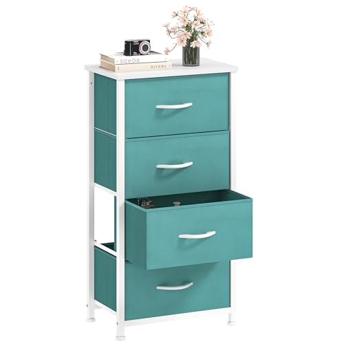 DWVO Chest of Drawers, Fabric Chest of Drawers, Bedroom Cabinet with 4 Drawers,Dresser for Bedroom,Living Room With Handles,Wood Top and Sturdy Steel Frame, Green