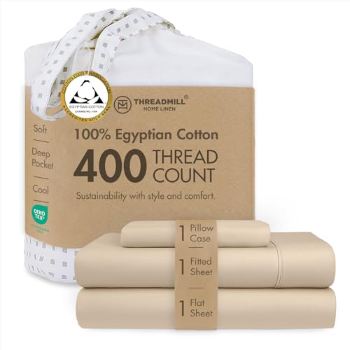 Threadmill Home Linen 400 Thread Count 100% Extra-Long Staple Cotton Sheet Set,Twin Sheets, Luxury Bedding, Twin Sheets 3 Piece Set,Smooth Sateen Weave,Beige