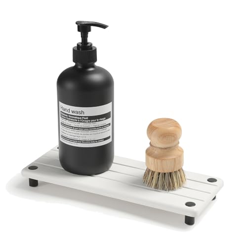 "Razborci Instant Dry Sink Caddy Kitchen Sink Organizer, Quick Drying Diatomaceous Earth Stone Sink Tray Sponge Holder Soap Dish, Bathroom Countertop Vanity Dispenser Toothbrush Bottle, White, 10"" x 4"""