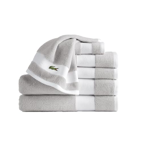 Lacoste Sport Stripe 6-Piece Luxury Cotton Towel Set – Made with 100% Soft Supima Cotton, Absorbent & Quick-Drying, Includes 2 Bath Towels, 2 Hand Towels, 2 Washcloths, Micro Chip