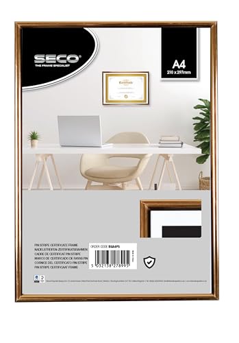 SECO A4 Pin Stripe Frame – Black & Gold Certificate, Photo & Picture Display with Perspex Safety Glass, Wall Mount or Table Top