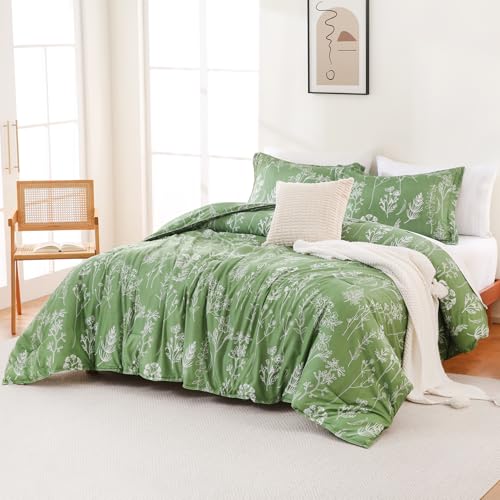 Yibeizi Green Floral Comforter Set Queen, Botanical Print Boho Vintage Bedding Sets Lightweight Soft Breathable All Season Bed Comforter with 2 Pillow Shams