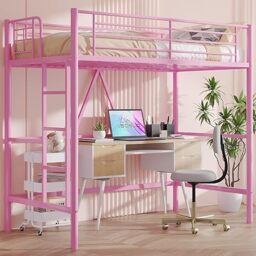 VECELO High Sleeper Bed, Single Size Metal Bunk Bed, Loft Bed Frame 90×190cm with Removable Ladder and Safety Guardrail, Space-Saving, Noise Free, No Box Spring Needed, Pink
