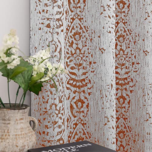 Mrs.Naturall Rusty Orange Curtains 63 Inch Length for Bedroom 2 Panels Grommet Burnt Orange Medallion Patterned Damask Moroccan Design Semi Sheer Drapes for Living Room,Terracotta and Gray Cream