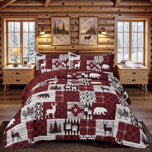 2 Piece Cabin Quilt Sets Twin Size Christmas Rustic Reversible Microfiber Soft Lightweight Farmhouse Bedspread Comforter with 1 Sham Patchwork Country Lodge Bedding for All Season, 68''x86'', Red