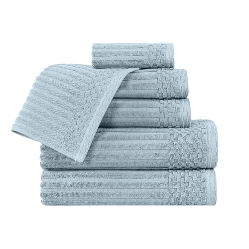 Superior Cotton 6-Piece Solid and Ribbed Towel Set, Face Towels 13” x 13”, Hand Towels 16” x 28”, Bath Towels 27” x 54”, Slate Blue