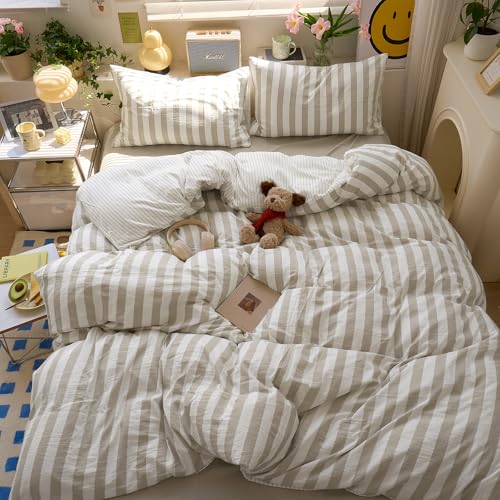 MOTNTD Brown Striped Duvet Cover Queen Boho Pattern Queen Size Comforter Cover Lightweight Stripe Dorm Room Farmhouse Duvet Cover Set with Pillowcase Teen Boy Bedding Washed Microfiber Duvet Protector