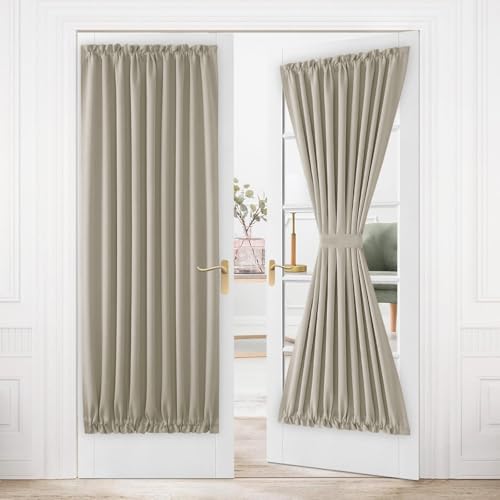 DWCN French Door Curtains ??? Rod Pocket Thermal Blackout Curtain for Doors with Glass Window, Kitchen and Patio Doors for Privacy, 54 X 80 Inches Long, 1 Curtain Panel with Tieback, Taupe