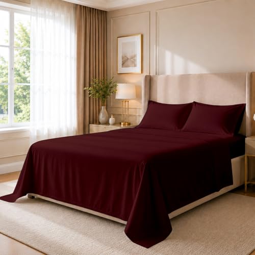 "Cottingon 4 Piece Twin XL Dorm Bedding Set for College, 100% Long Staple Premium Egyptian Cotton, Soft Bed Sheets, Fits Upto 15"" Deep Mattress 39""X80"" Extra Long, Burgundy"