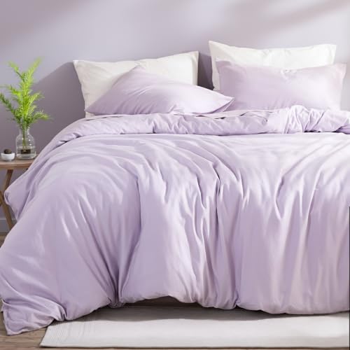 Cozaline 100% Cotton Comforter Set King Size ??? Lavender Purple, Linen-Like Texture, Super Soft & Breathable Lightweight Bedding Set, 3-Piece Durable Percale Comforter for All Seasons