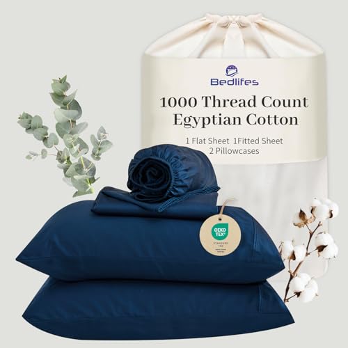 "Bedlifes Egyptian Cotton Sheets 1000 Thread Count California King Size, 4-Piece 16"" Deep Pocket - Cooling & Breathable Ultra Soft Bedding for Hotel Comfort (Navy)"