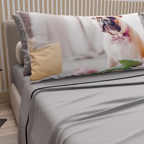 PETTI Artigiani Italiani - Animal Bed Linen with Dogs in Cotton with Pillowcases in Digital Print, Double Bedsheets, Light Grey Double Bed Set, 100% Made in Italy