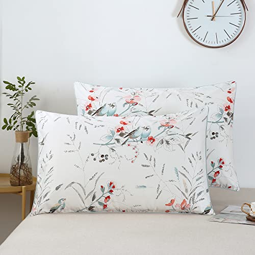 WINLIFE 100% Cotton Pillowcases Garden Floral Birds Printed on White Pillow Cases Pillow Cover Set of 2 (Standard 20x26 inches, Birds Floral)