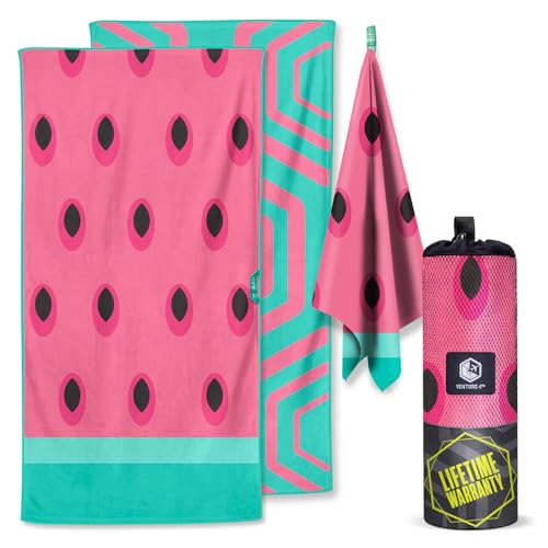 VENTURE 4TH Microfiber Beach Towel: Quick-Dry, Compact, Sand-Free, Absorbent, Sandproof and Lightweight - Perfect for Camping, Beach, and Roadtrips (Watermelon Design - 35x78 inches)