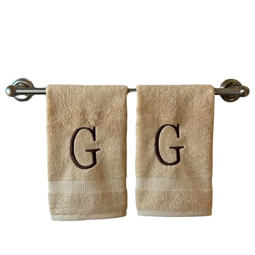 Beige with Brown Monogrammed Hand Towels for Bathroom - Set of 2 Letter G - Luxury Hotel Quality Initial Towels For Powder Room, Spa, GOTS Organic Certified