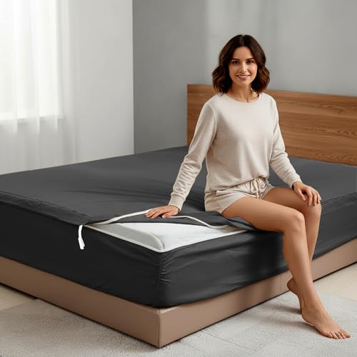 PURE ECO Zipper Fitted Sheet - King Size (76x80), Dark Grey - 600 TC Sateen Cotton - Includes 1 Fitted Sheet Base & 2 Zip-On Sheets - 16??? Deep Pockets