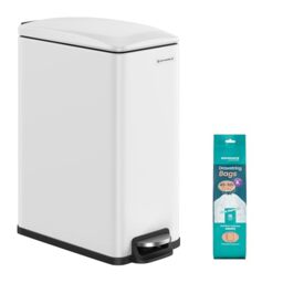 SONGMICS Kitchen Bin 48L, Slim Pedal Bin for Narrow Spaces, Rubbish and Waste Bin with Soft-Close Lid and Inner Bucket, Steel, 15 Rubbish Bags Included, White LTB510W4802