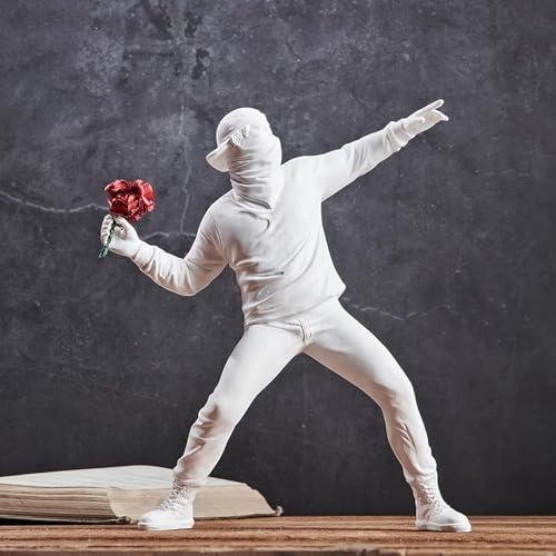 Newmyth Flower Throwing Statue Flower Thrower Sculpture, Man Figurines Home Decor for Shelves, Resin Art Craft Desk Decoration for Living Room Bookshelf Collection Ornament Gift (White)