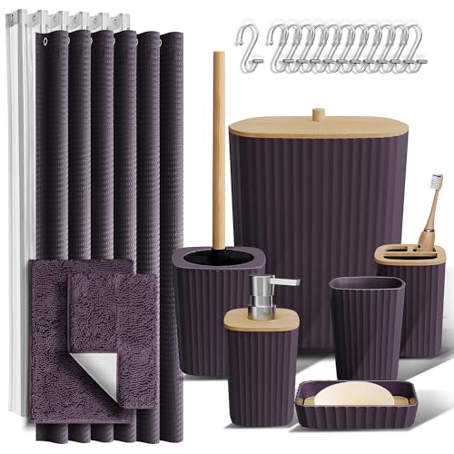 Clara Clark Bathroom Accessories Set - Bathroom Accessory Set with Shower Curtain Set, Toilet Brush, Trash Can & Soap Dispenser & Rugs (Purple, Complete Set + Bath Rugs)