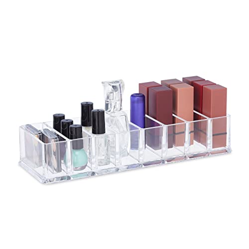 Relaxdays Plastic Organiser Box, Open, Acrylic, Makeup, Office, Transparent - Storage, 8 Compartments, HxWxD: 5x25.5x9cm