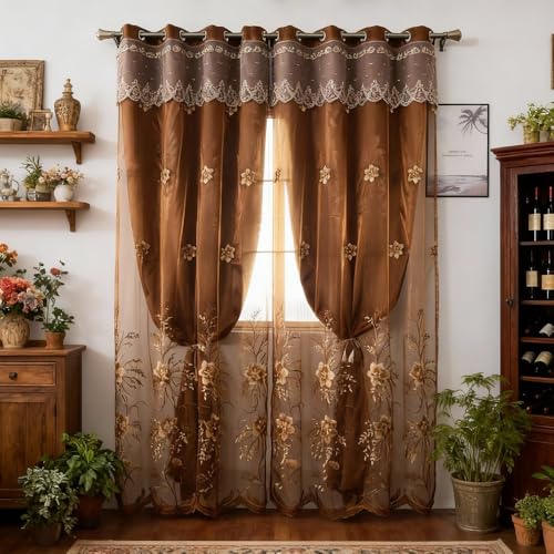 Amidoudou 1 Pair European Double Layer Curtains for Living Room Bedroom Luxury Flower Embroidered Curtains with Valance (Brown,52x84 Inch)
