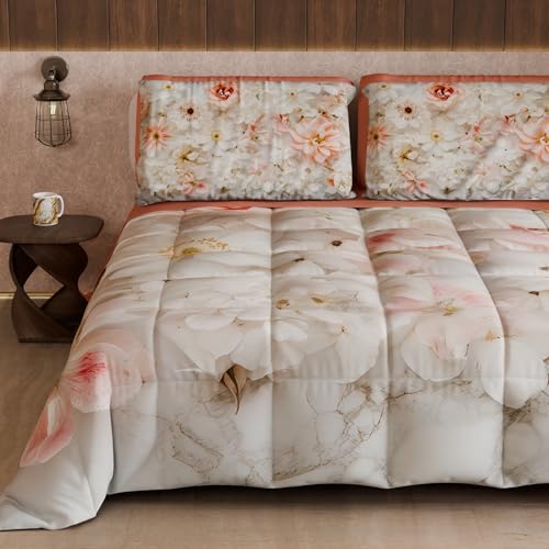 PETTI Artigiani Italiani - Winter Quilt, Winter Duvet, Double Sided Quilt, Solid Colour and Digital Floral Print 06 21, 100% Microfibre, Made in Italy