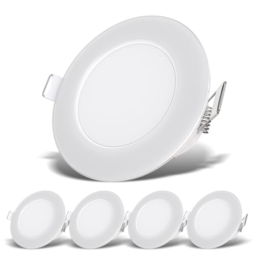 B.K.Licht I Set of 5 recessed spotlights I White I IP65 Waterproof I Ultra Flat 1.1in I Ø Cut Out 2.6in I Ø ext. 3.3in I 3W 350lm per spot LED I Neutral White Light 4000k I spotlights for Bathroom