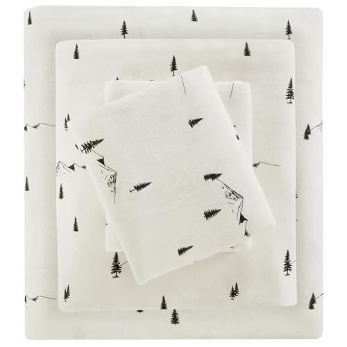 WOOLRICH Sheet Warm & Breathable Cotton Flannel Bedding Bed Sheets, All Elastic Pocket Sheet Set Fits Up to 14'' Mattress, All Season, Lightweight, Soft Cotton Sheets, Queen Black Pine Trees 4 Piece