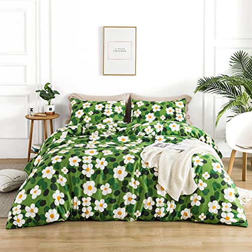 YuHeGuoJi King Size 3 Pcs Cotton Duvet Cover Set, Sage Green Floral Watercolor Botanical Pattern, 100% Cotton, Zipper Closure, 1 Duvet Cover, 2 Pillowcases