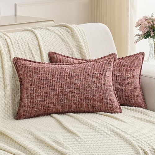 FUTEI Pack of 2 Tweed Chenille Throw Pillow Covers 12x20 Inch, Burgundy - Premium Chenille Front/ Smooth Velvet Back,Hidden Zipper,Machine Washable,Pilling-Resistant,Colorfast, Insert Not Included.