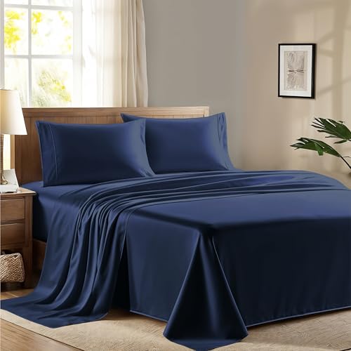 "Ashton Sheets 100% Egyptian Cotton Queen Size Sheet Set - 600 Thread Count Egyptian Cotton Sheets Set for Queen Size Bed (4 Pc, Navy Blue), Soft, Cooling, Luxury Hotel 16"" Deep Pocket Sateen Bedsheet"