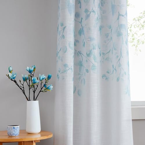 "Central Park Leaf Floral Print Metallic Sheer Window Curtain Panel for Rustic Living Room/Bedroom Sparkling Decorative 6 Grommets Top Drape Panels Farmhouse Curtains, Teal Blue,40"" x 84""x2, 2 PK"