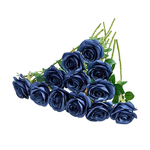 Helera 12pcs Roses Artificial Flowers Fake Roses Navy Blue Silk Roses Navy Silk Flowers Rose with Long Stems for Wedding Home Party Centerpieces Decorations