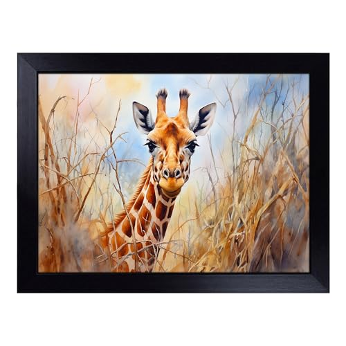 Lap Tray with Bean Bag Cushion, Giraffe Watercolour - Handmade in the UK, Raised Wooden Edge, Padded Cushion, Heat-Resistant Wipe-Clean Surface, for Meals, Laptops and Crafts