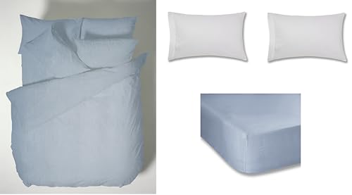 Plain Dyed Denim Duvet Cover Set 250 x 220 + 50 x 80 (2) + Fitted Sheet 180 x 200 cm + 2 Pillowcases 50 x 80 H/W White