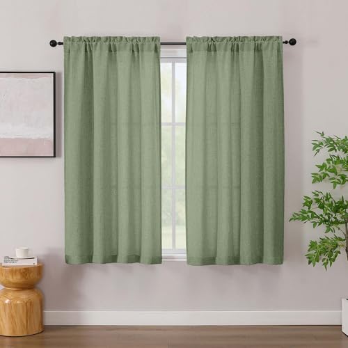 "Simplebrand Green Linen Curtains 54 Inch Length 2 Panels, Faux Linen Textured Light Filtering Privacy Curtains, Soft Dual Rod Pocket Semi Small Window Drapes for Bedroom Bathroom, Each 30"" Wx45 L"