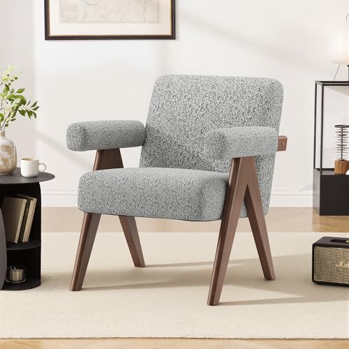 COLAMY Accent Chair Upholstered Armchair, Modern Lounge Chair with Solid Wood Frame, Thick Cushioned Seat, Breathable Fabric, Ergonomic Single Sofa Chair for Living Room, Bedroom, Reading Corner,Grey