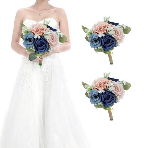 HOMENERGY Set of 2 Bridesmaid Bouquets for Wedding - 7 Inch Artificial Flowers Bouquets for Ceremony Anniversary Centerpieces Decorations - Navy Blue and Dusty
