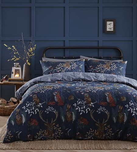 furn. Forest Fauna Woodland Duvet Set – Reversible Nature Inspired Bedding with Animal Print, Soft Polycotton, Machine Washable (Navy – Super King)