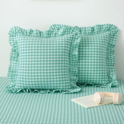 "K MASANIJI 2 Pack Spa Blue Gingham Ruffle Euro Sham Pillow Covers, 100% Washed Cotton Plaid Checkered Farmhouse Decorative Pillow Shams for Bed/Sofa Zipper Closure - 22""x22"""