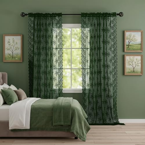 Kotile Hunter Green Sheer Curtains, 80 Inch Long, 2 Panels, Country Style, Rustic Floral Pattern, Dark Olive Green, Lace Curtains for Atmospheric Dark Academic Rooms, with