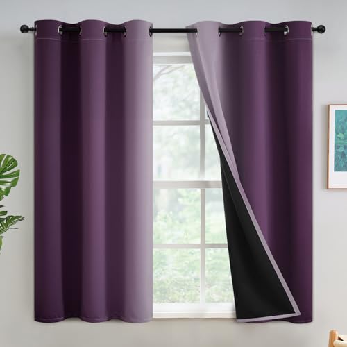 Yakamok 100% Blackout Ombre Purple Curtains 45 inches Long for Bedroom - Room Darkening Curtain for Living Room Grommet Light Blocking Thermal Insulated Gradient Drapes???2 Panels???42W x45L