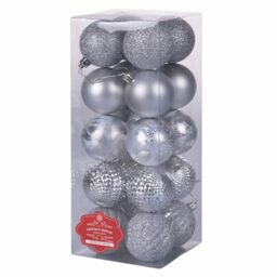 Set of 20 Assorted Silver Christmas Baubles Diameter 6 cm Shiny Satin Glitter Santa's House