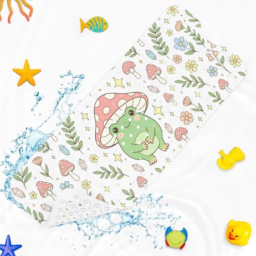 Culudea Green Cute Frog Mushrooms Bathtub Shower Mat Summer Leaf Flower Non-Slip Tub Mat Extra Long Bath Floor Mats 40X16 Inch Machine Washable for Bathroom Tub Bath Mat for Toddler and Baby