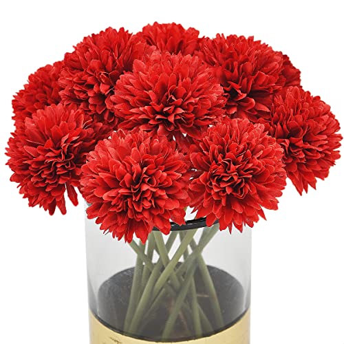 Blooming Paradise 10Pcs Artificial Fake Flower Plants Silk Chrysanthemum Ball Hydrangea Arrangements Wedding Bouquets Decor Home Kitchen Garden Party Table Floral Centerpieces DIY (Red)